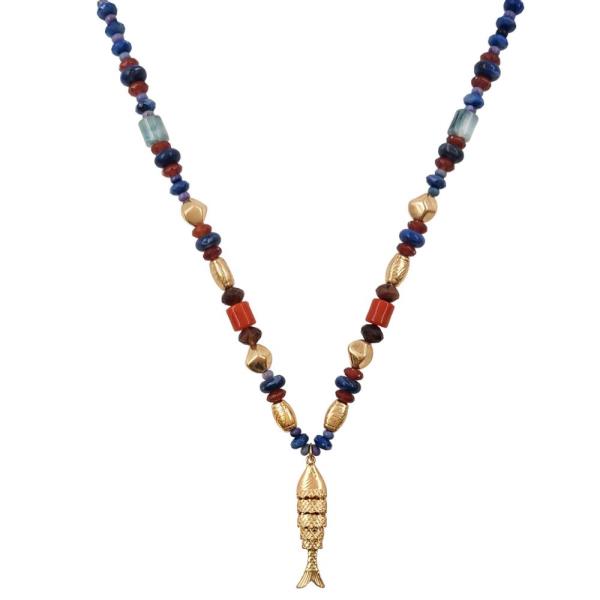 FISH SHAPE CHARM MIX BEAD NECKLACE