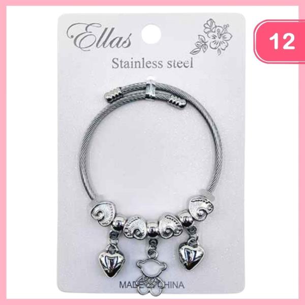 STAINLESS STEEL HEART BEAR CHARM BRACELET (12 UNITS)
