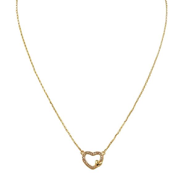 18K BRASS RHINESTONE HEART PENDANT NECKLACE
