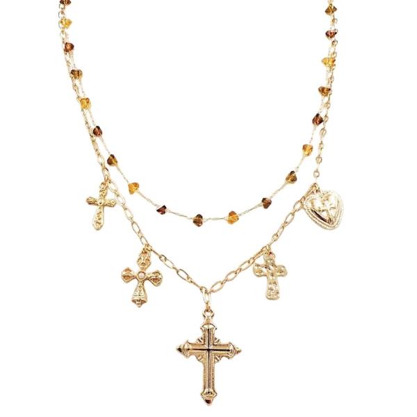 BEADED CROSS MULTI CHARM LAYERED NECKLACE