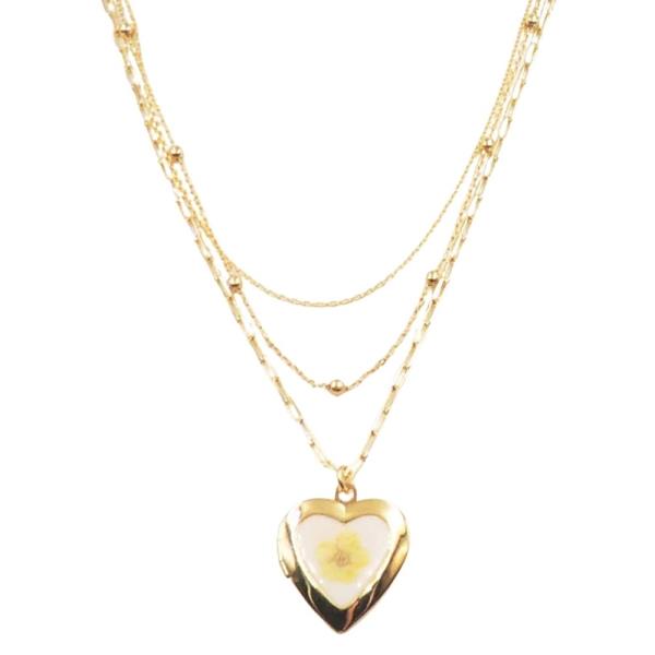METAL LAYERED FLOWER HEART PENDANT NECKLACE