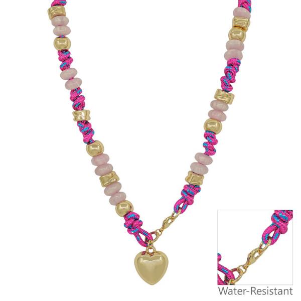 THREAD FLAT BEADED HEART METAL PENDANT NECKLACE