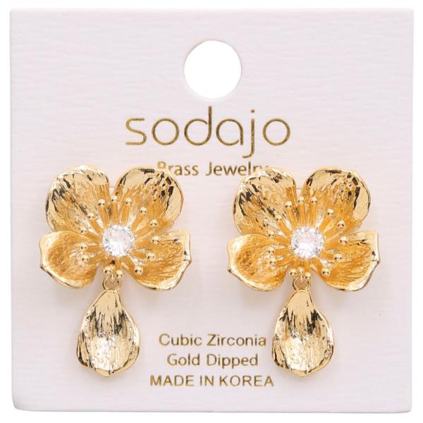 SODAJO FLOWER METAL DANGLE CZ CENTER GOLD DIPPED EARRING