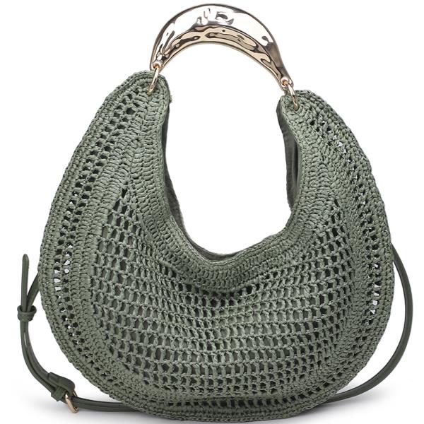 ROUND STRAW METAL HANDLE CROSSBODY BAG