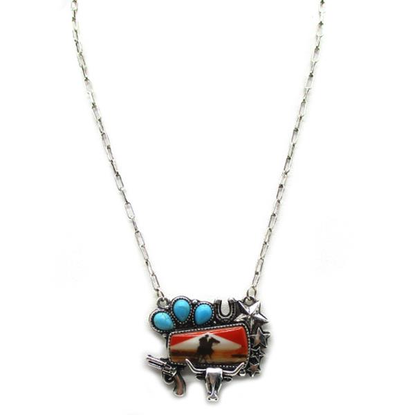 WESTERN COW SKULL COWBOY FRAME PENDANT NECKLACE