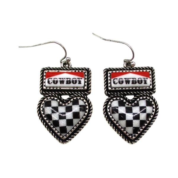 WESTERN COWBOY HEART CHECKER EARRING