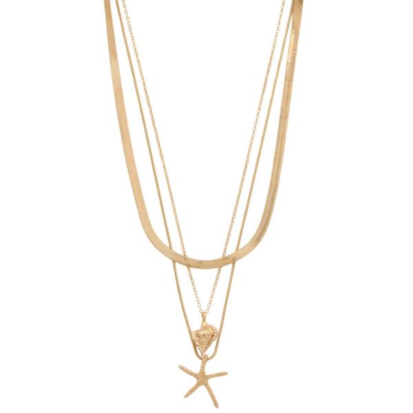 SDJ STARFISH SEASHELL CHARM LAYERED METAL NECKLACE