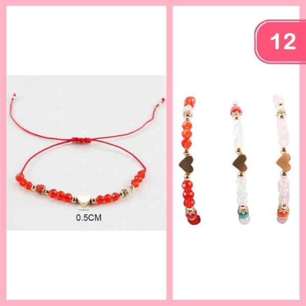 HEART PENDANT BEADED ADJUSTABLE BRACELET (12 UNITS)