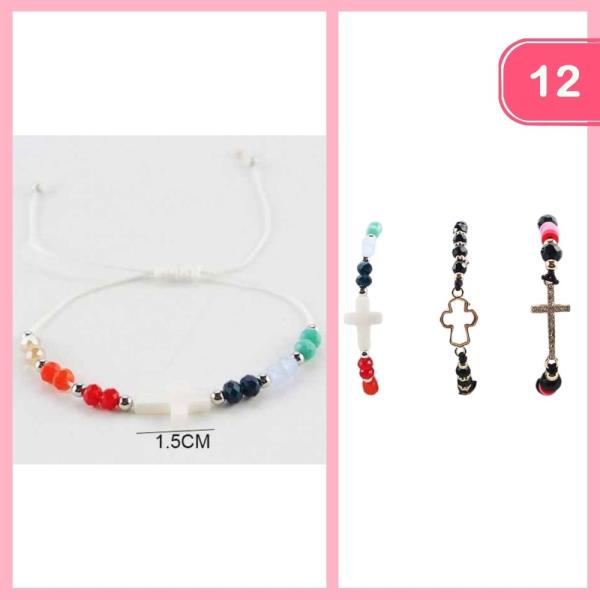 CROSS PENDANT BEADED ADJUSTABLE BRACELET (12 UNITS)