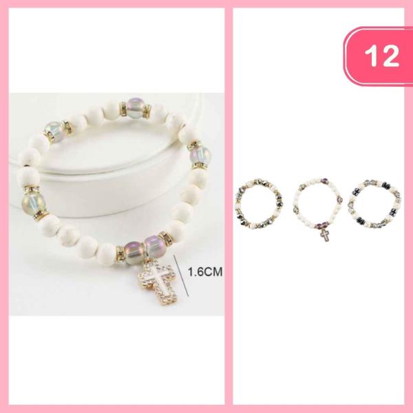 RHINESTONE CROSS PENDANT BEADED STACKABLE BRACELET (12 UNITS)