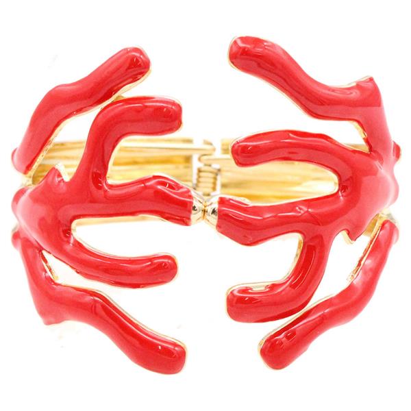 GOLD PLATED WITH CORAL COLOR ENAMEL HINGED BANGLE BRACELET