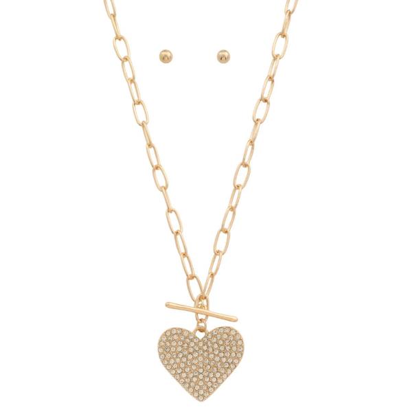 RHINESTONE HEART PENDANT OVAL LINK METAL NECKLACE