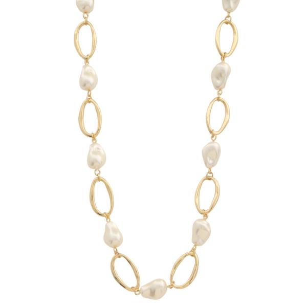 OVAL LINK PEARL BEAD METAL NECKLACE