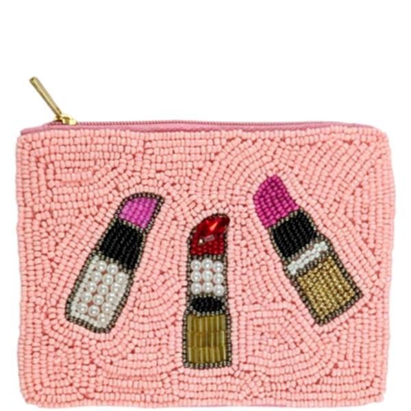 LIPSTICK THEME BEADED ZIPPER COIN PURSE BAG POUCH