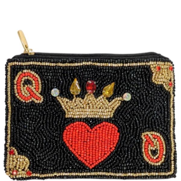 QUEEN HEARTS THEME BEADED ZIPPER COIN PURSE BAG POUCH
