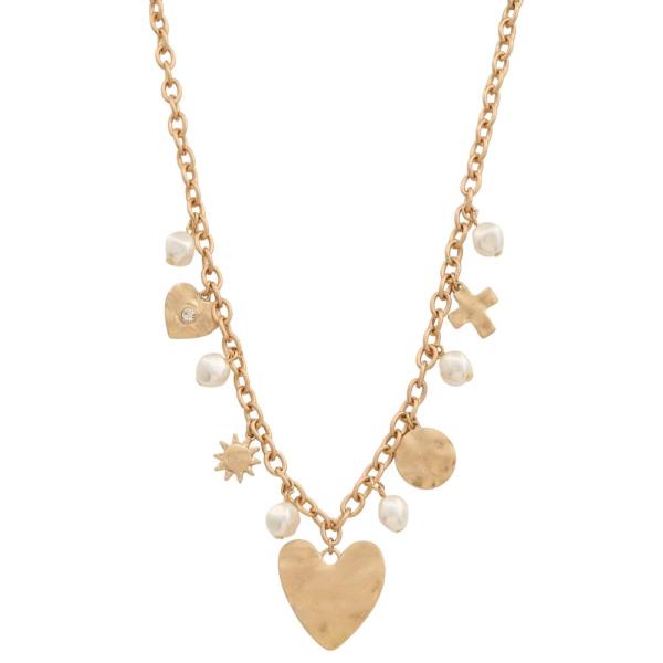 HAMMERED METAL HEART PENDANT MULTI CHARM PEARL BEAD NECKLACE