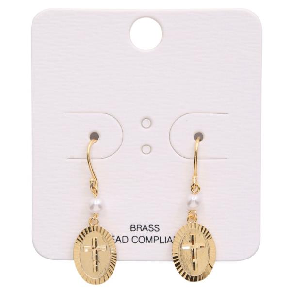 OVAL CROSS PEARL BEAD DANGLE EARRING