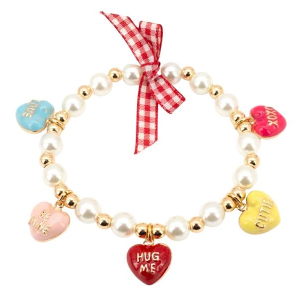 VALENTINE`S DAY FAUX PEARL MULTI CHARM HEART ACCENT STRETCH BRACELET