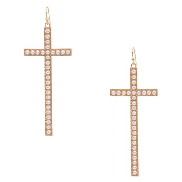PEARL BEAD CROSS METAL EARRING