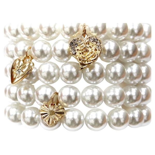 HEART ROSE MULTI CHARM STRETCH PEARL MULTI BRACELET SET