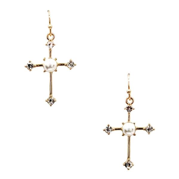 FAUX PEARL CROSS DANGLE EARRING