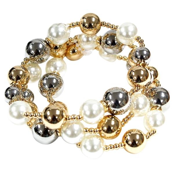 FAUX PEARL METAL BEAD ELASTIC MULTI BRACELET SET