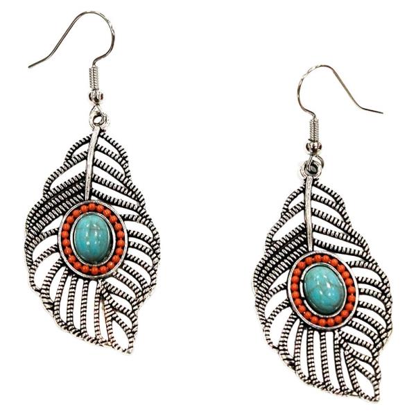 WESTERN METAL FEATHER ORNAMENT STONE DROP DANGLE EARRING