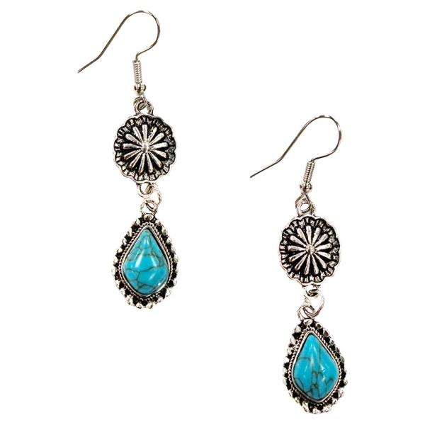 WESTERN METAL FLORAL ORNAMENT STONE DROP DANGLE EARRING