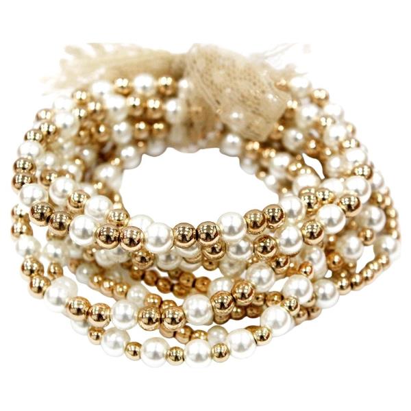 FAUX PEARL METAL BEAD ELASTIC MULTI BRACELET SET