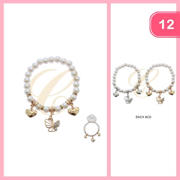 HEART BUTTERFLY CHARM PEARL BEADED BRACELET (12 UNITS)