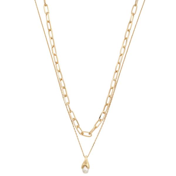 SODAJO PEARL BEAD OVAL LINK LAYERED GOLD DIPPED NECKLACE