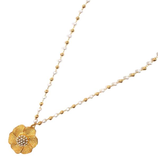 FLOWER PENDANT PEARL BALL BEAD NECKLACE