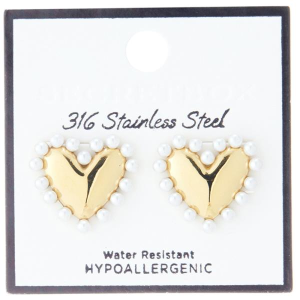 SECRET BOX  STAINLESS STEEL HEART PEARL OUTLINE EARRING