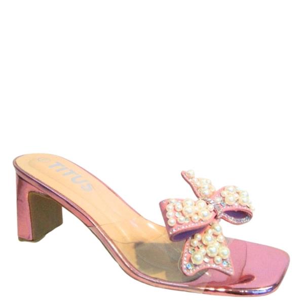 PEARL BOW EMBELLISHED CLEAR STRAP BLOCK HEEL SHOES 1 PAIR