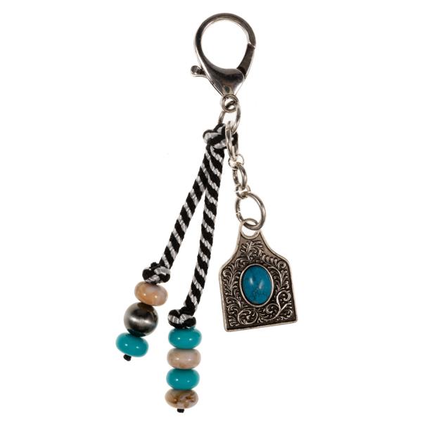 COW TAG METAL W/ SEMI-STONE & MIXED BEADS BAG CHARM KEYCHAIN