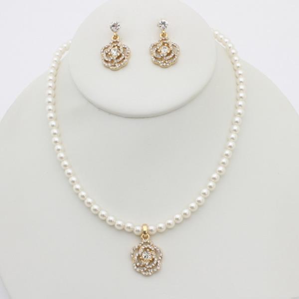 PEARL BEAD RHINESTONE ROSE PENDANT NECKLACE EARRING SET