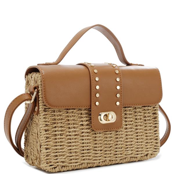 TWIST LOCK STRAW HANDLE SATCHEL BAG