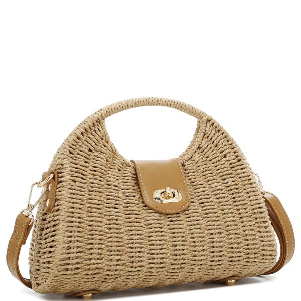 MODERN STRAW TWIST LOCK HANDLE SATCHEL BAG
