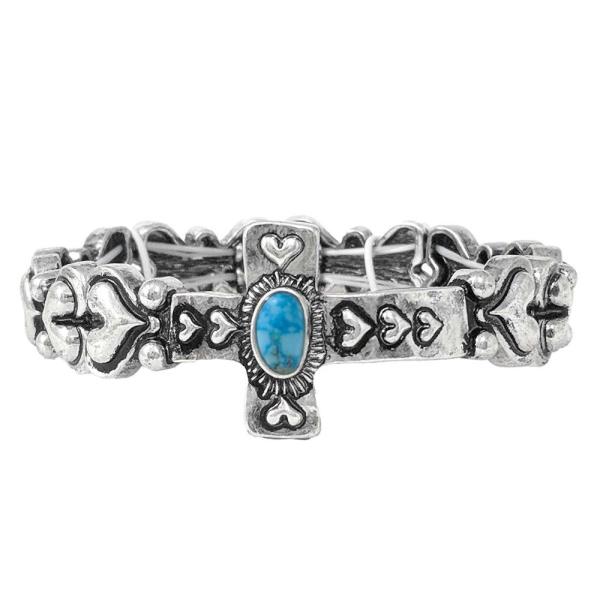 WESTERN TURQUOISE BEAD CROSS HEART PATTERN STRETCH BRACELET