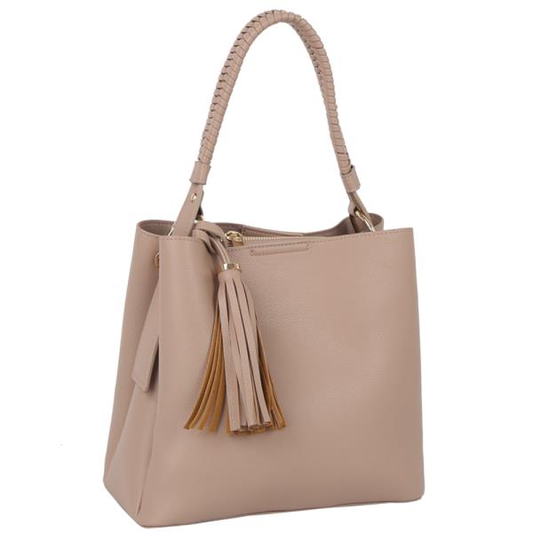PLAIN TEXTURED TASSEL SHOULDER TOTE BAG