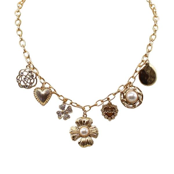 CHAIN MULTI FLOWER PEARL CHARM NECKLACE