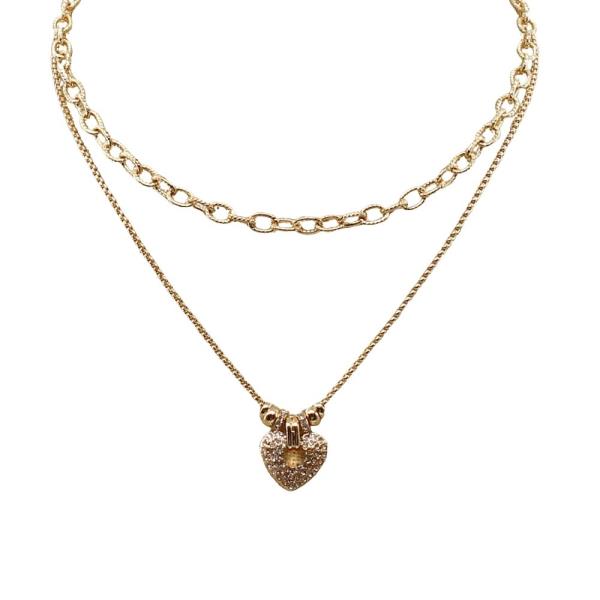 CHAIN LAYERED STONE PAVE HEART PENDANT NECKLACE