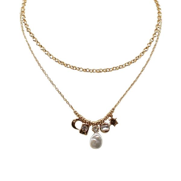 LAYERED STONE PAVE CRESCENT MOON PEARL MULTI CHARM NECKLACE