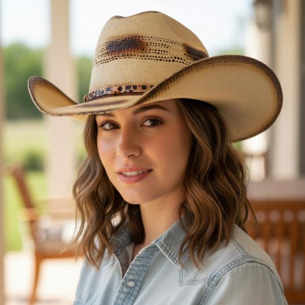 DISTRESSED TWO-TONE COWBOY HAT WITH LEAOPARD-PRINTED BAND WITH STARS