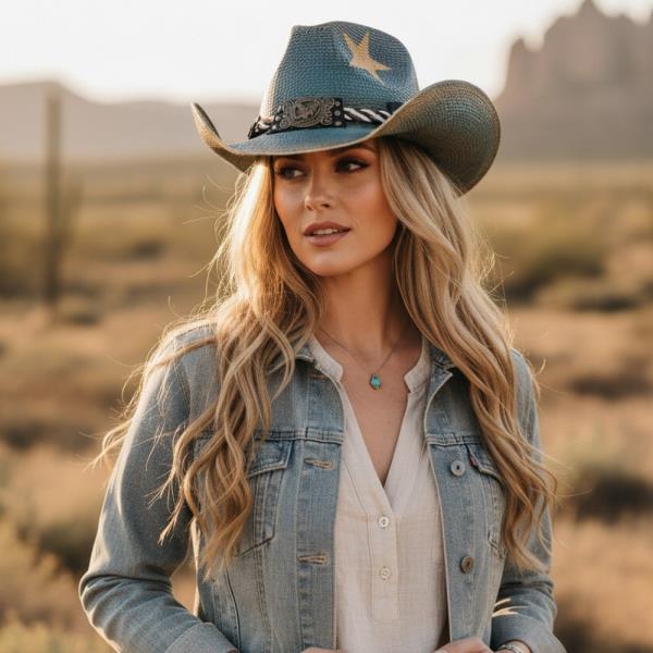 DISTRESSED COWBOY HAT WITH BRASS-CPLORED EAGLE BUCKLE, BRAIDED ROPE   STARS
