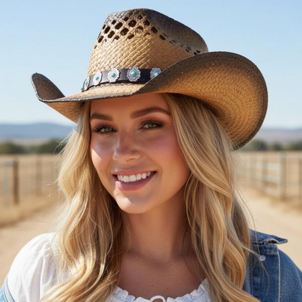 AGED LOOK, TWO TONE COWBOY HAT WITH TURQUOISE STONE ON FAUX LEATHER BAND