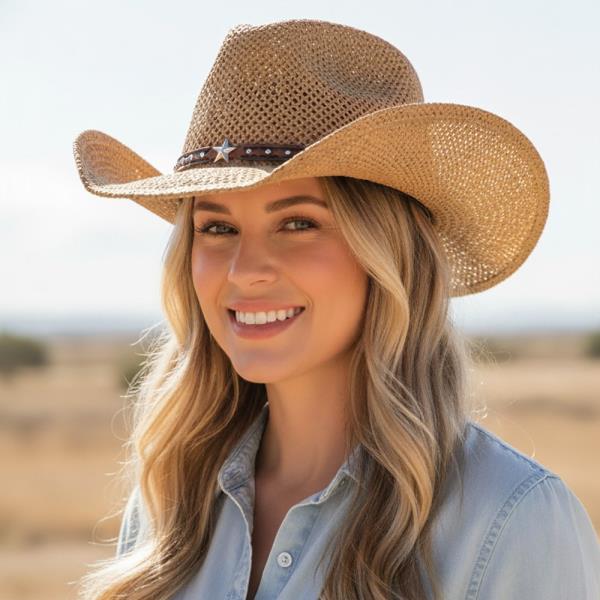 STRAW COWBOY HAT WITH SILVER STUDS AND STARS