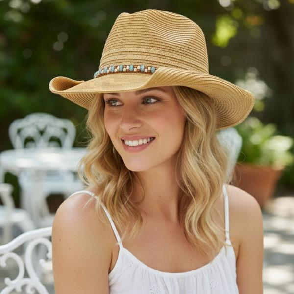 STRAW COWBOY HAT WITH MULTICOLOR BEADED BAND