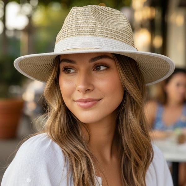 TWO TONE STRAW FEDORA HAT WITH WOVEN CROWN DESIGN