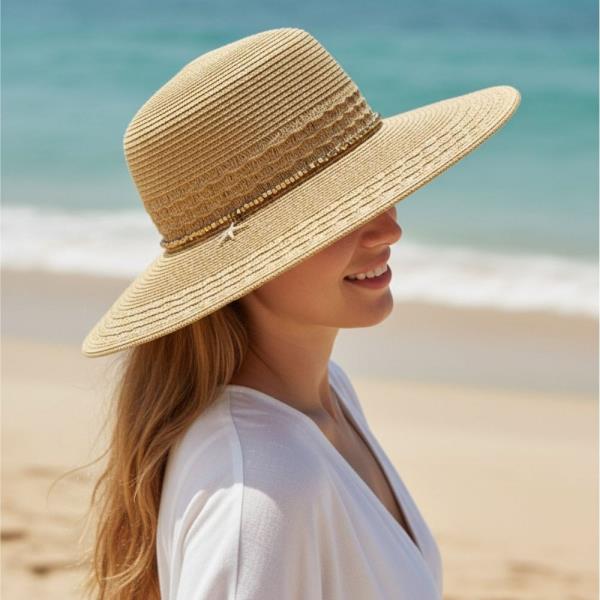 WIDE BRIM STRAW SUN HAT WITH STARFISH CHARM AND SEQUIN BAND
